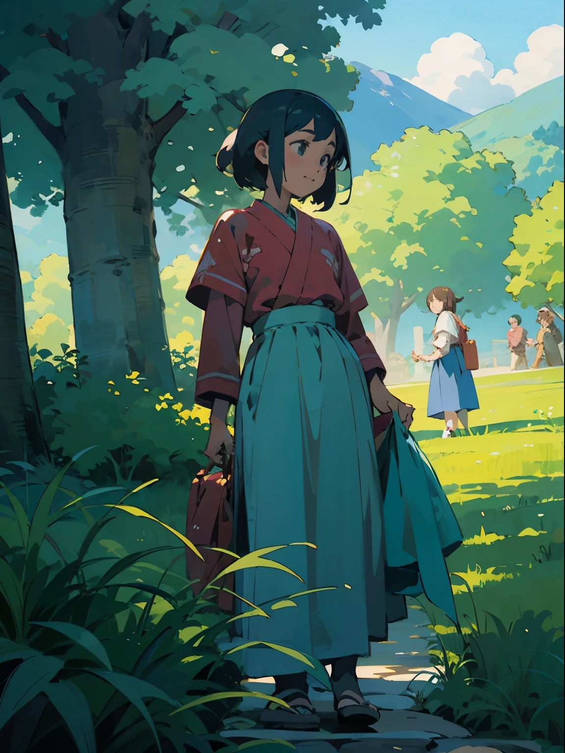 Mother, Father, daughter, Happy mountain travel, Tranquil garden style, Colorful animation stills, Teraoka Masami, aquamarine, Paul Gauguin, Alice, Realistic depiction