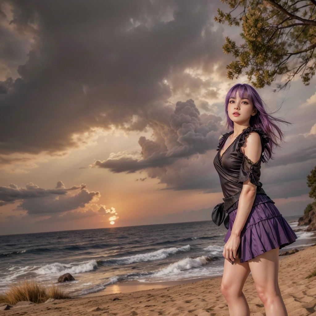 Ayane, cabelo roxo, (best qualityer, ultra detali), (realisitic:1.37), beautiful and detailed face, ultra-realisitic texture, 精致的面容, Delicate body, red lipgloss stick, long-lasting colors. High definition, 8k.