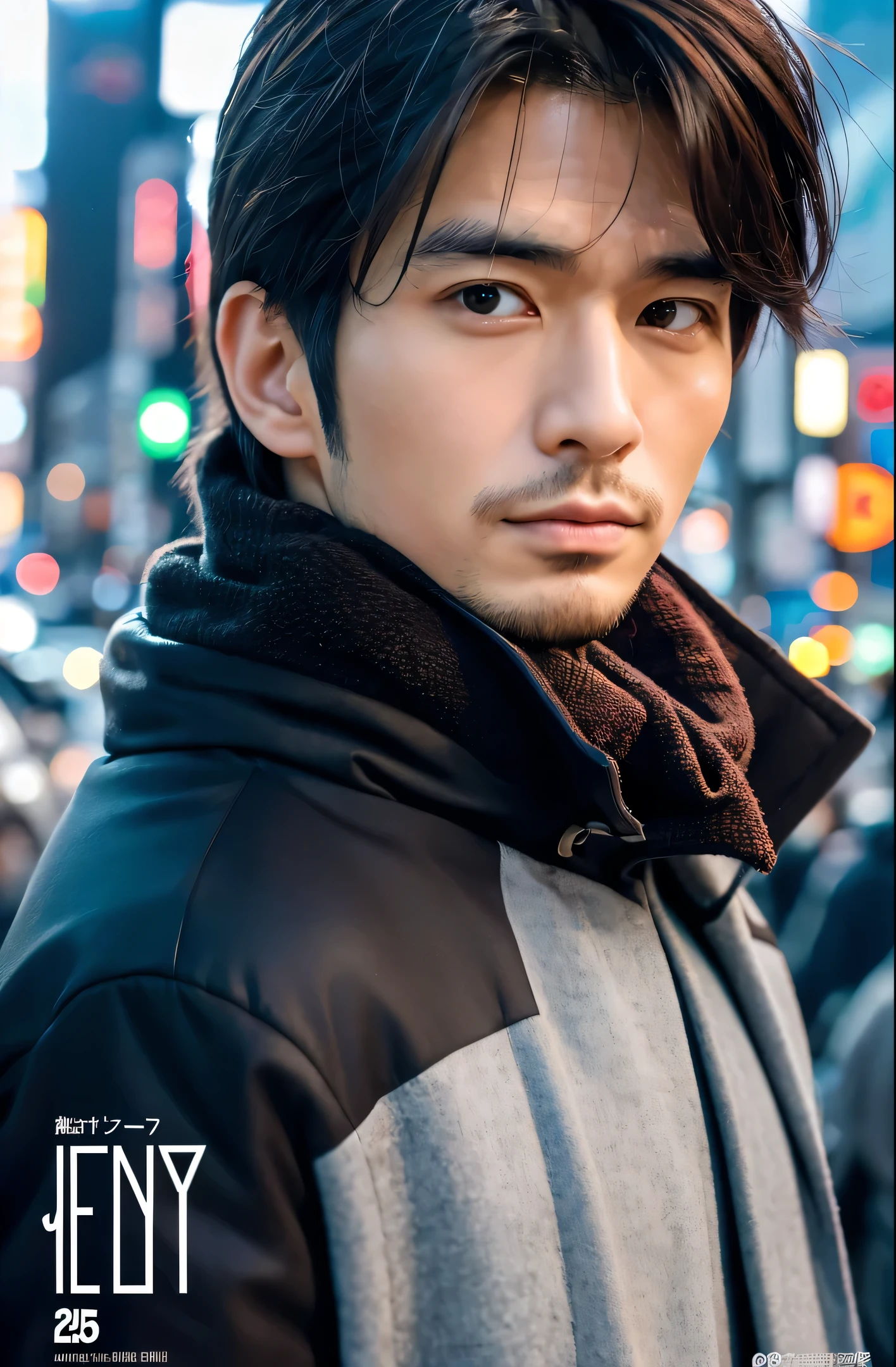 Photorealsitic, 8K full body poster, a handsome, japanes, a 25-year-old man, serious facial expression, Sharp eyes, A charming expression, detailed face details, TOKYOcty, Winters, Shibuya in the background