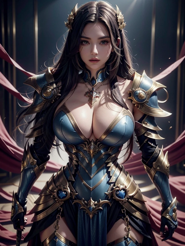 Facing me, a woman of approximately 25 years old with long hair and a necklace around her neck, sexy open neckline, big hard breasts, iron home style armor blue armor gold finish armor, tummy, straight standing