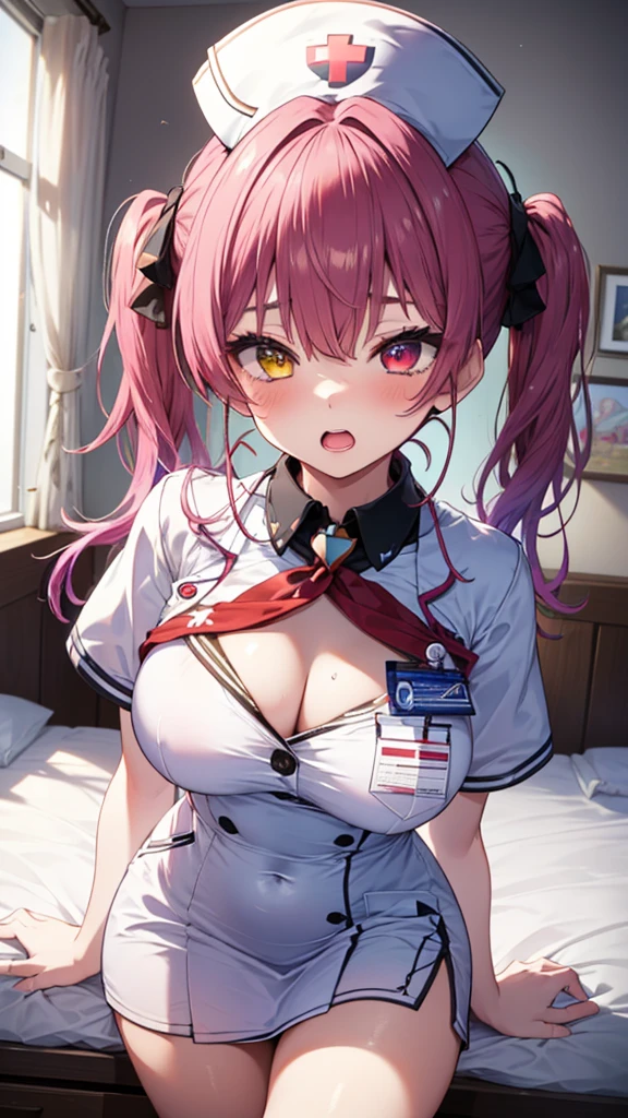 (best quality:1.2), (ultra detailed:1.2),(masterpiece:1.2),(8k:1.2),(Blessed,Captivating body、Ultra detailed hands、Ultra-detailed eyes、Ultra-detailed skin、ultra-detailed face,Detailed Background),One Girl、(bedroom,nurse, nurse cap, breast pocket, collared dress, short dress, short sleeves, thighs, white dress, white headwear), bbmarine, twintails, heterochromia,(ecstasy, aroused:1.5)