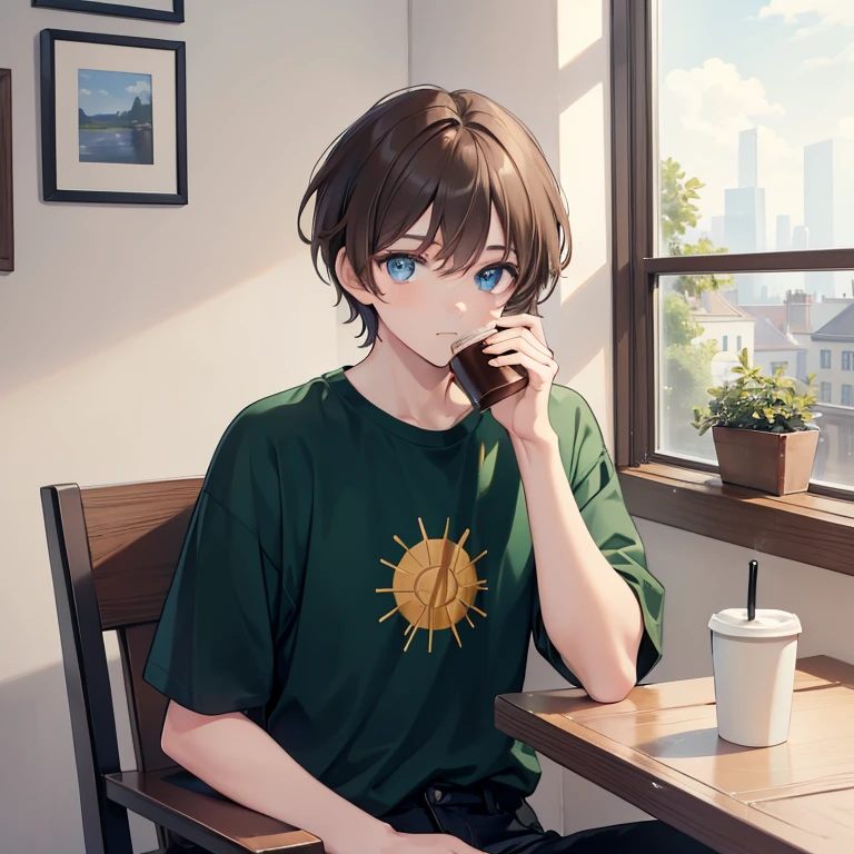 Masterpiece, Best quality, High quality, 1boy, Solo, has short Brown hair, has Blue eyes, wears Green T-shirt with Black Sport jeans, in the room, sitting in the chair, in front of the table, drinking a coffee, Morning, Sun lights from the window