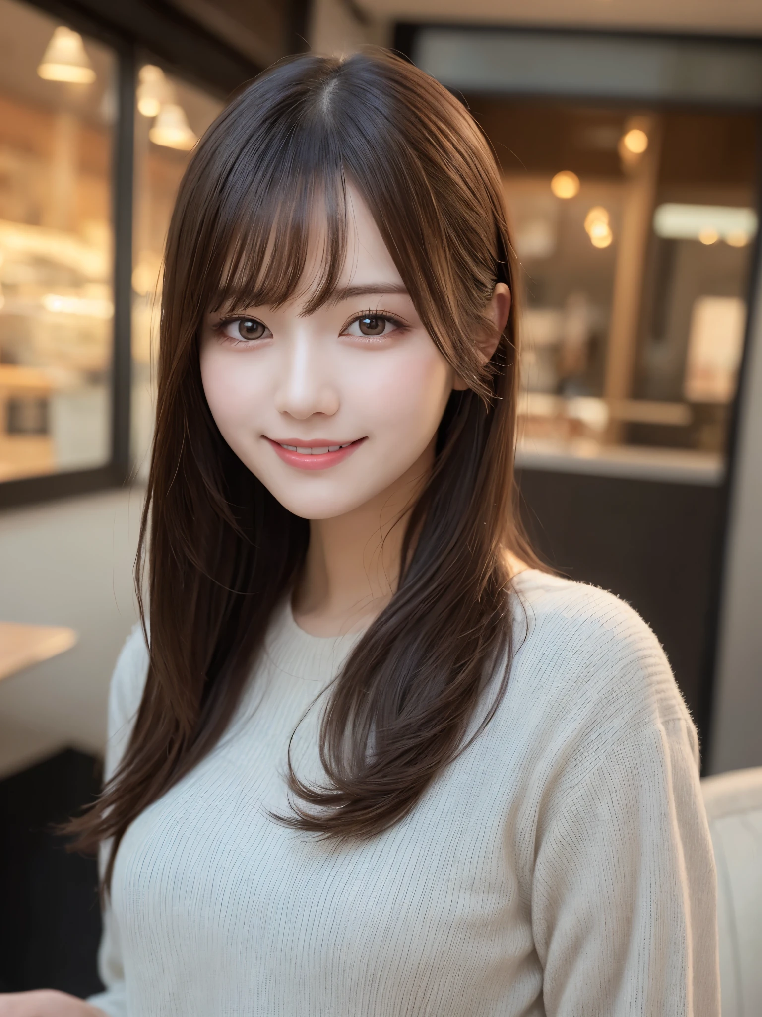 masterpiece, best quality, illustration, ultra-detailed, finely detailed, high resolution, 8K wallpaper, perfect dynamic composition, beautiful detailed eyes, cafe, casual clothing, long hair, calm expression, cute, smile, looking at camera