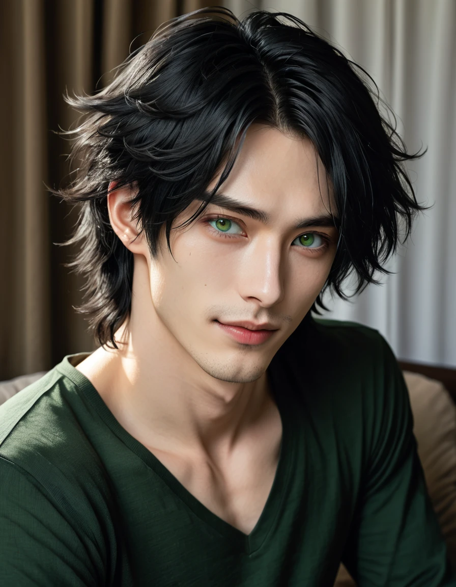 (best quality), 1boy, male, pale skin, black hair, medium hair, curtain hair, tousled hair, dark green eyes, perfect eyes, dark circles under eyes, tall, slender, handsome, strong jawline, lazy, light smile, attractive, basic black long sleeve v neck shirt, Tomura Shigaraki, masterpiece, anatomically correct, highres