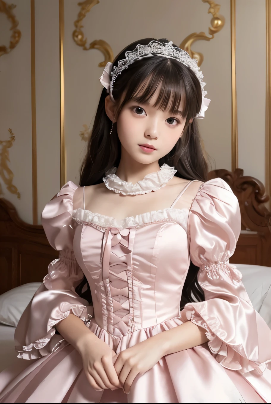 highest quality, masterpiece, highest resolution, artwork, super それにget used to it, many get used to it, get used to it, それにget used to it, 3k realistic pictures,,((12 year old little girl)),Ultra-detailed juvenile face,ultra-detailed beautiful little girls,girls are princess,full length ball gown dress with hoop skirt,ruffled yoke collar,puff sleeves,midium sleeve,((Lolita style light pink detailed princess satin dress with lots of ruffles and ribbons)),Rococo style lolita fashion,shiny satin dress,Soft and smooth fabric,detailed princess dress,luxury,long black hair,dark eyes,white skin Japanese,Pajama,((in the bedroom of the palace)),luxury princess ,shiny satin sheets,ultra-detailed princess bed,High-quality background,lot of frilled pillows,on the bed,