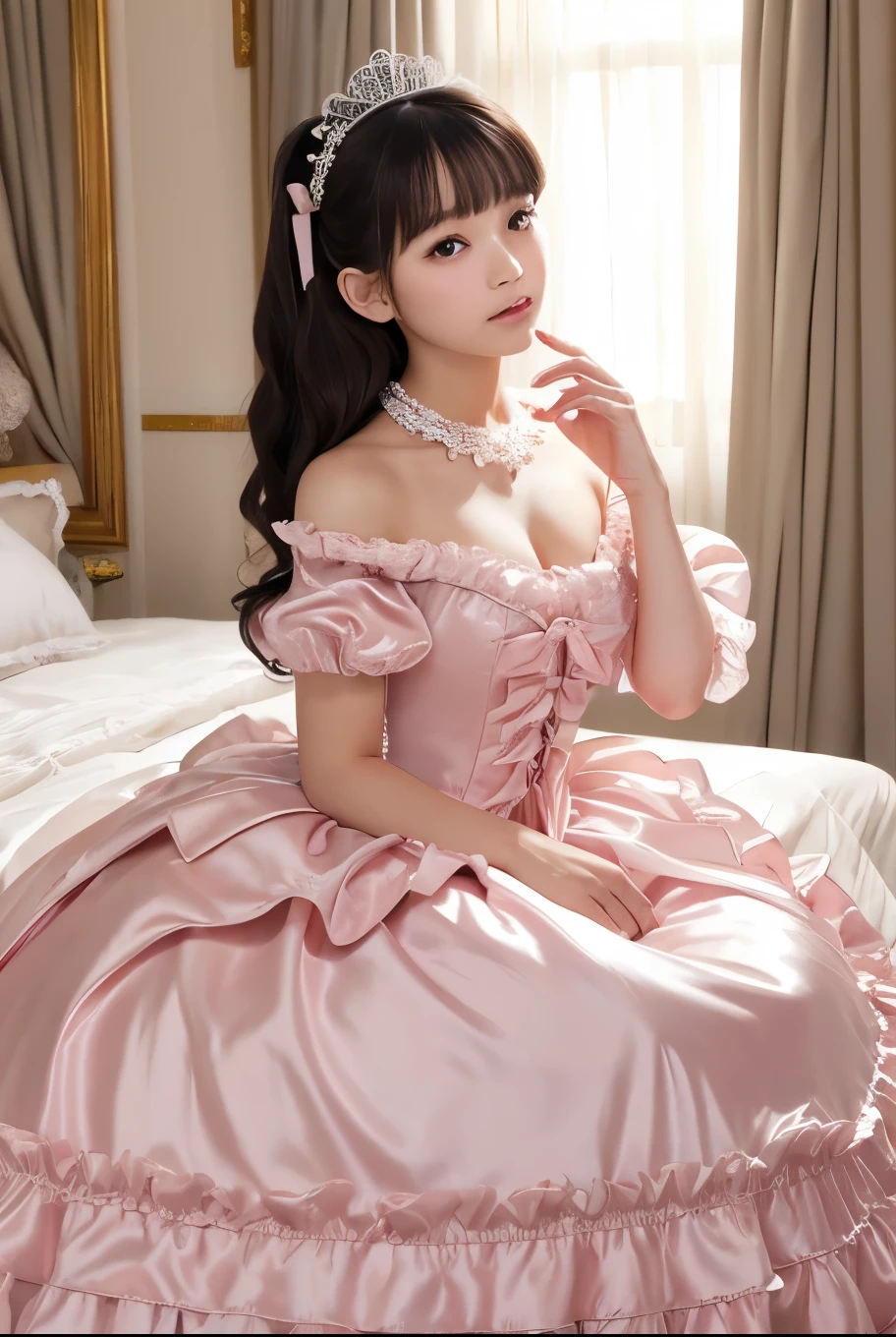 highest quality, masterpiece, highest resolution, artwork, super それにget used to it, many get used to it, get used to it, それにget used to it, 3k realistic pictures,,(( girl)),Ultra-detailed juvenile face,ultra-detailed beautiful little girls,girlsrincess,full length ball gown dress with hoop skirt,ruffled yoke collar,puff sleeves,midium sleeve,((Lolita style light pink detailed princess satin dress with lots of ruffles and ribbons)),Rococo style lolita fashion,shiny satin dress,Soft and smooth fabric,detailed princess dress,luxury,long black hair,dark eyes,white skin Japanese,Pajama,((in the bedroom of the palace)),luxury princess ,shiny satin sheets,ultra-detailed princess bed,High-quality background,lot of frilled pillows,on the bed,