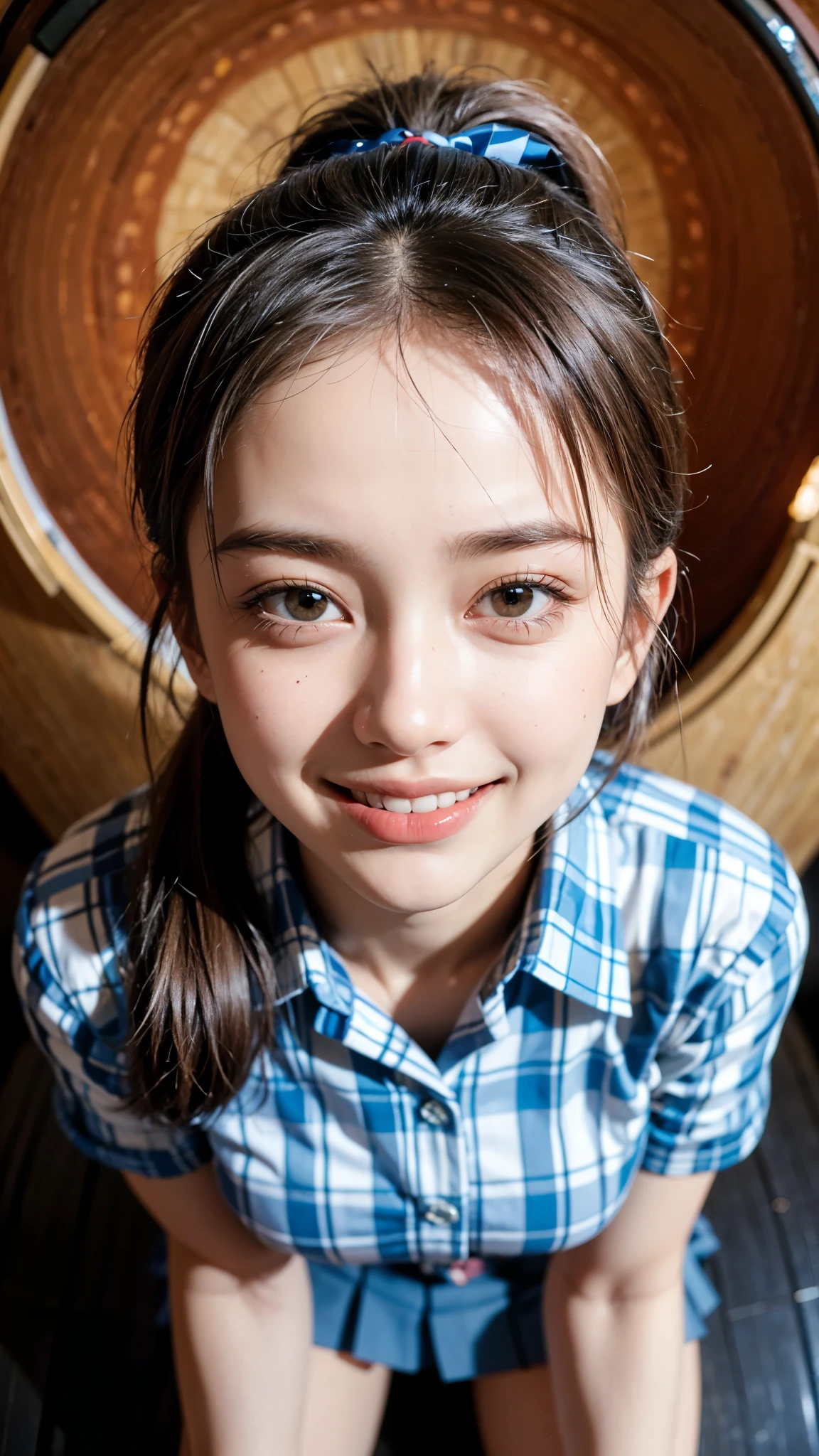 Highest quality, masterpiece, 4K Ultra High Resolution,Detailed face:1.6,(((Face Focus:1.6))) (Realistic:1.6), (Portrait of a man kneeling with legs apart) RAW Photos, 1 girl, 20-year-old,((Bra top and blue checked uniform miniskirt)),((Ponytail and hair tie)),,((Looking up at the audience)),Realistic,((background)), Image Media Chest)),((Smiling with teeth showing)),((Shooting from above with a fisheye lens:1.4))