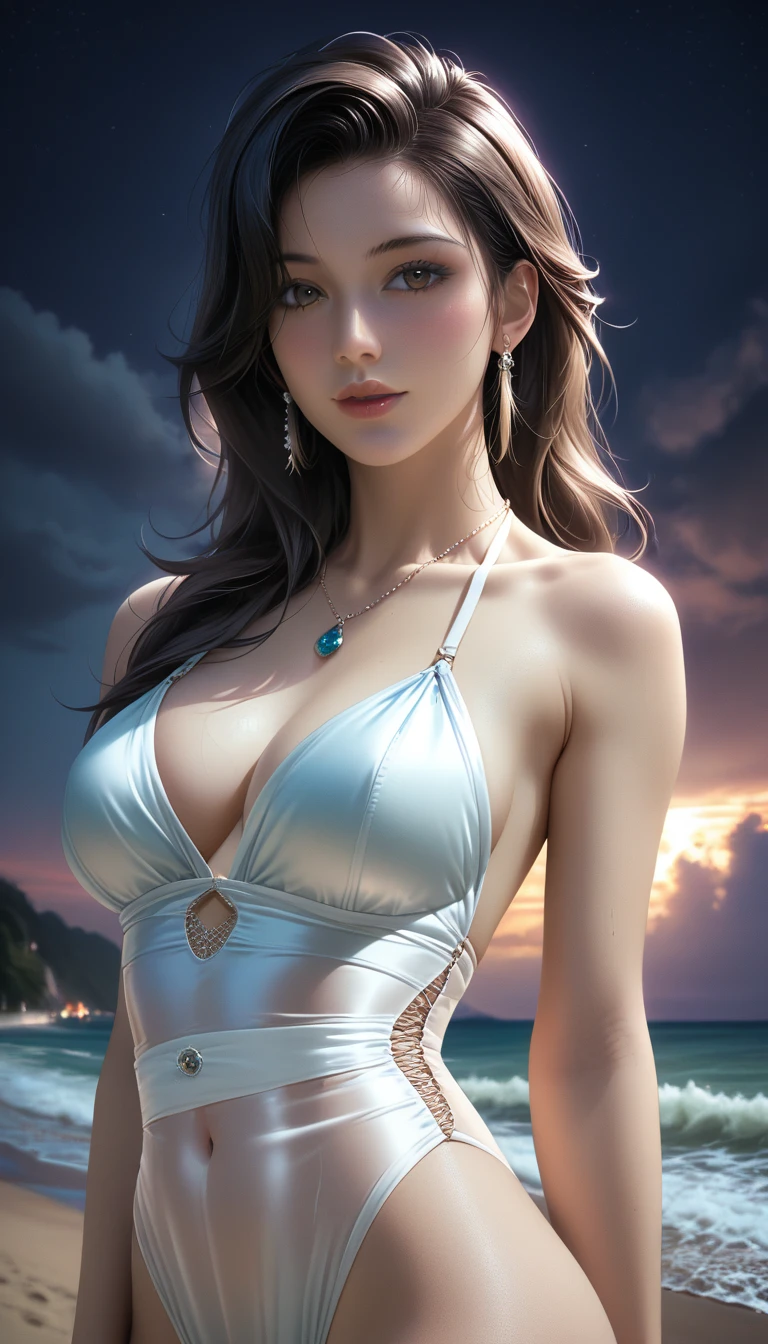 score_9, score_8_superior, score_7_superior, Masterpieces with up to 16K resolution,Highest quality,it is really amazing,Very detailed,Ultra-high resolution,(Ultra-realistic:1.1),(Realistic:1.1),Increased depth of field,Cinematic lighting,
Elegant Japanese MILF,
Long black hair,Ultra-detailed and beautiful face,Translucent white skin,Realistic skin texture,
(Elegant swimwear:1.1),
Bold design,Artistic design,Beautiful and detailed pattern,Detailed fabric texture,
Gorgeous necklace,Earrings,
(Deserted beach at night:1.4),(Dark night sky with dark clouds:1.4),
(Dramatic Angle:1.1),