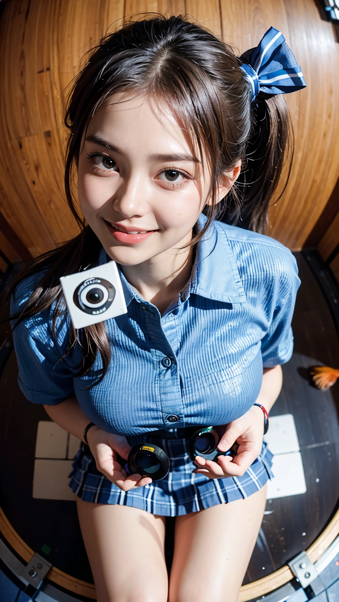 Highest quality, masterpiece, 4K Ultra High Resolution,Detailed face:1.6,(((Face Focus:1.6))) (Realistic:1.6), (Portrait of a man kneeling with ??????????) RAW Photos, 1 girl, 20-year-old,((Bra top and blue checked uniform miniskirt)),((Ponytail and hair tie)),,((Looking up at the audience)),Realistic,((background)), Image Media ?????)),((Smiling with teeth showing)),((Shooting from above with a fisheye lens:1.4))