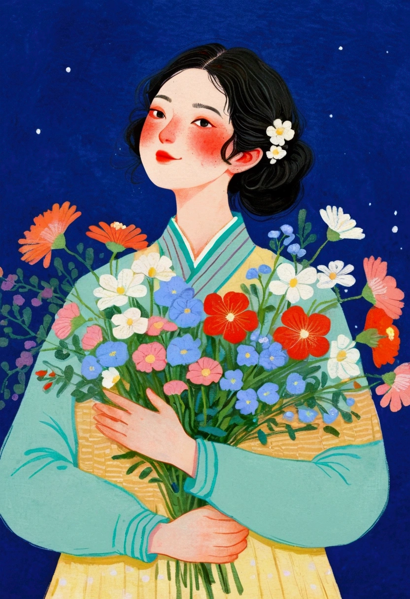 A painting,A woman holding a bouquet of flowers, With flowers, Holding flowers, With blue background, Bring flowers, Flowers grow from the body, female portrait With flowers, Woman in flowers, Blue flowers, author:Kose Kanaoka, Mei Qing, 2D Illustration, 2D Illustration, There are flowers, author:unbelievable, 2d gouache illustration