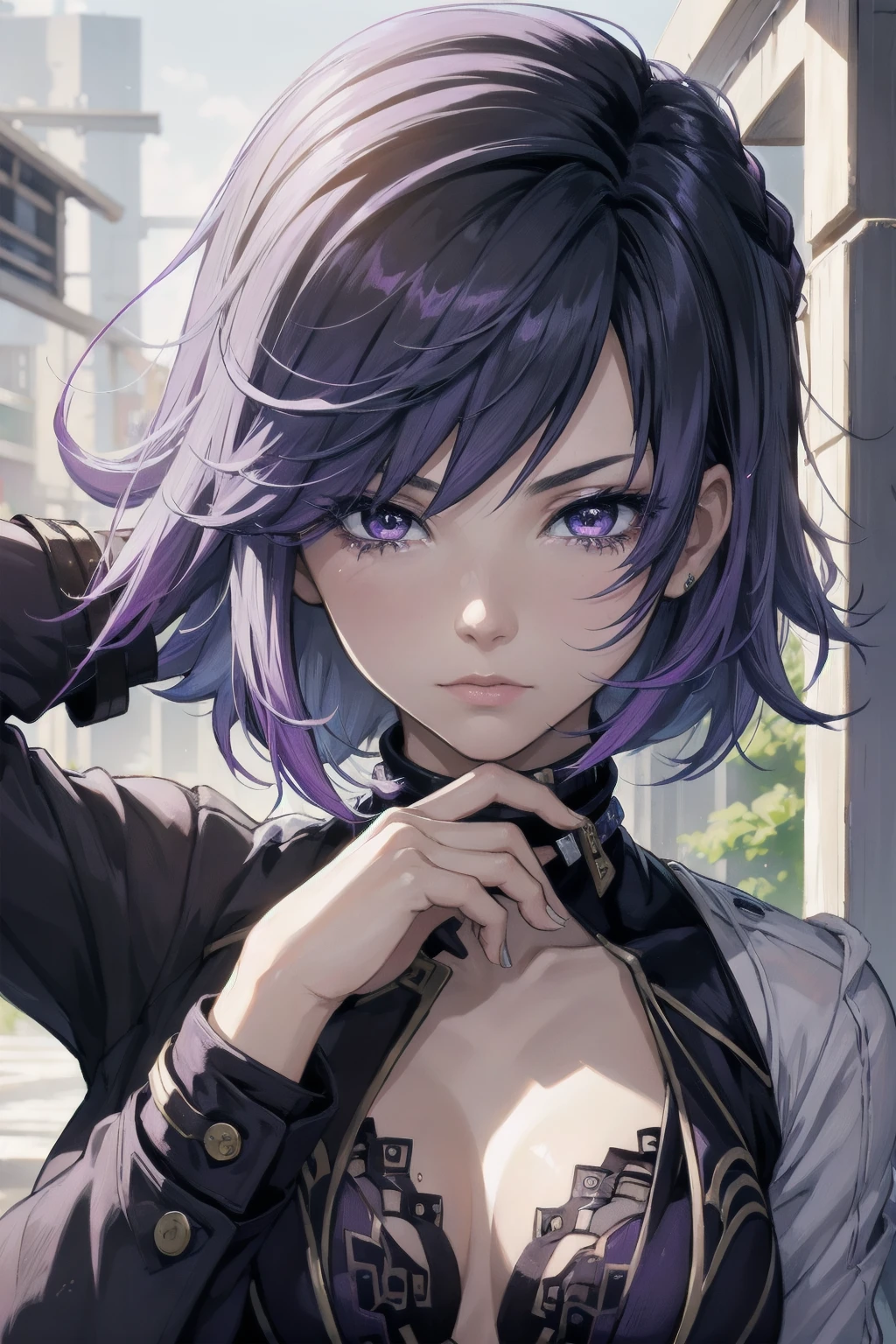 1girl, purple hair, short hair, purple eyes, young 20 years, torn clothes, sad, crying, female focus, dynamic pose, solo