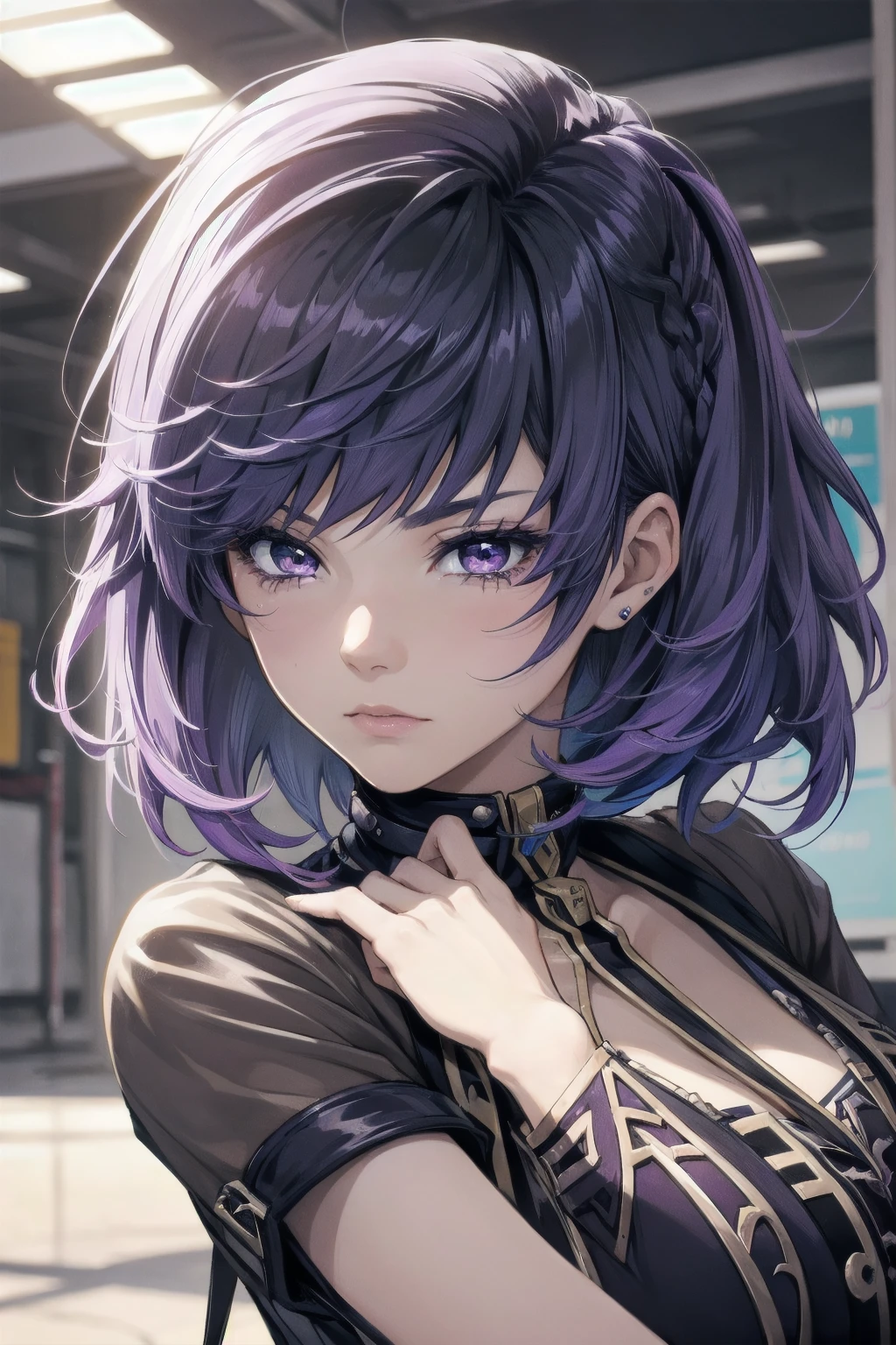 1girl, purple hair, short hair, purple eyes, young 20 years, torn clothes, sad, crying, female focus, dynamic pose, solo