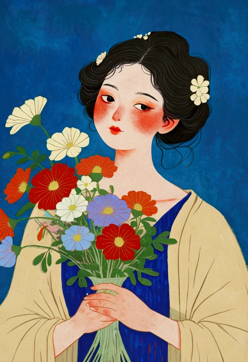 A painting，A woman holding a bouquet of flowers, Kose Kanaoka（Kose Kanaoka）Minimalism, Popular trends on pixabay, Cloisonnism, With flowers, Holding flowers, With blue background, Bring flowers, Flowers grow from the body, female portrait With flowers, Woman in flowers, Blue flowers, 2D Illustration, 2D Illustration, There are flowers