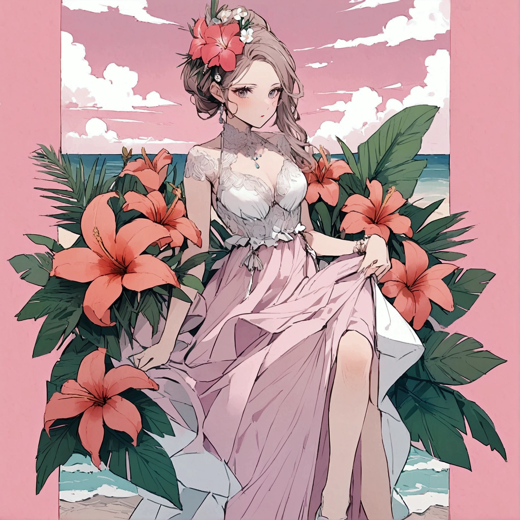 Summer tropical flowers pink sky beach woman sea