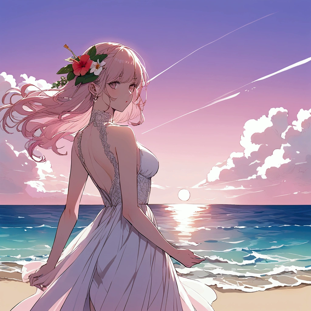 Summer tropical flowers pink sky beach woman sea