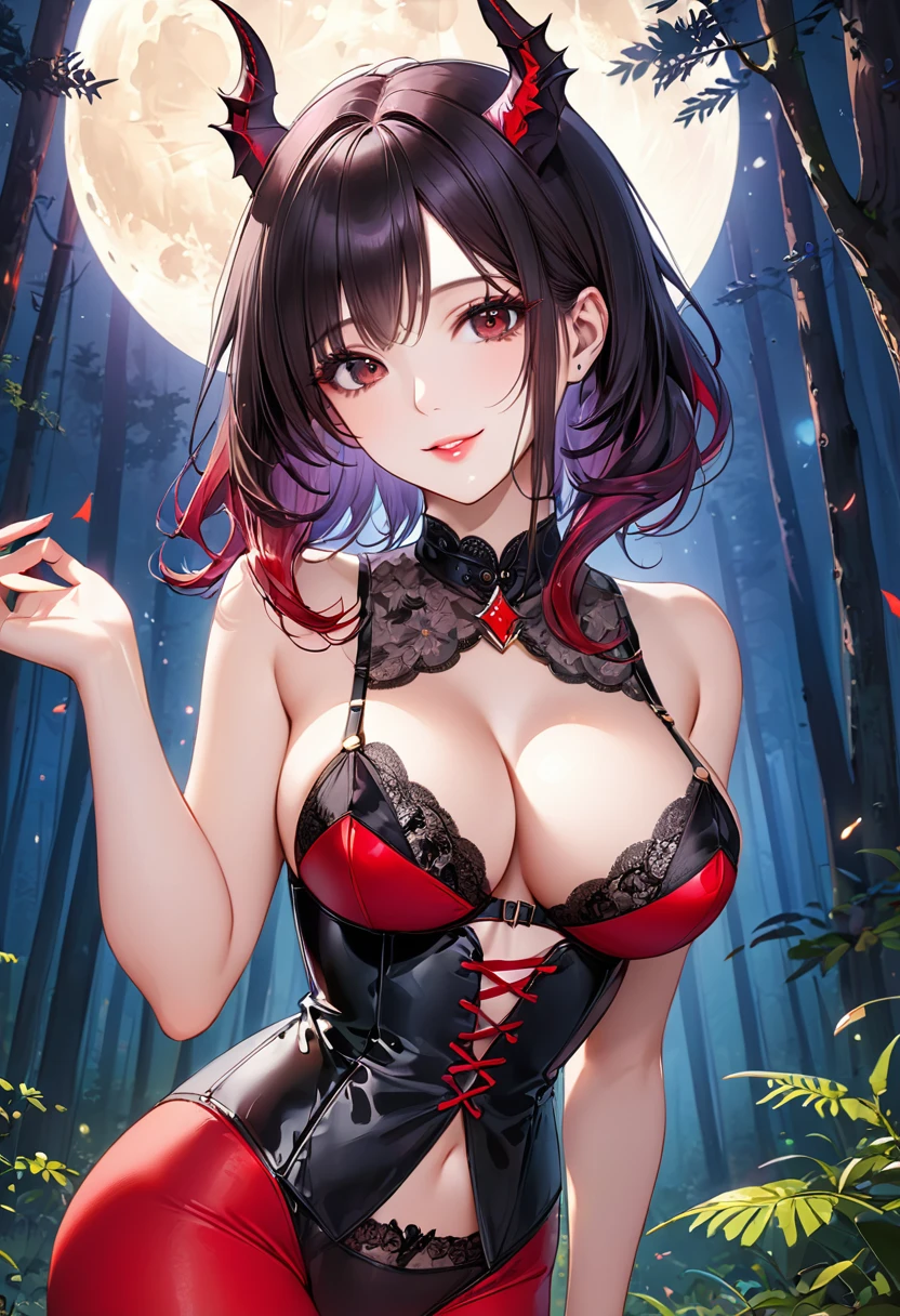 1 mature and seductive woman,(detailed description,incredibly absurd,high resolution,8K wallpapers,masterpiece,best quality,depth of area,Anatomically accurate depiction,A face that stands out for its meticulous consideration, eye for detail,perfect body,two lovely hands, Five Perfect Fingers),(succubus),(in the forest),(black lingerie,corset,red stockings),Eyelashes,eye shadow,eyeliner、Mascara,(black eyes,Cynical look,charming smile,big bust,shiny lips,Support your breasts from below with your hands...),whole body,(night),(full moon,moon)