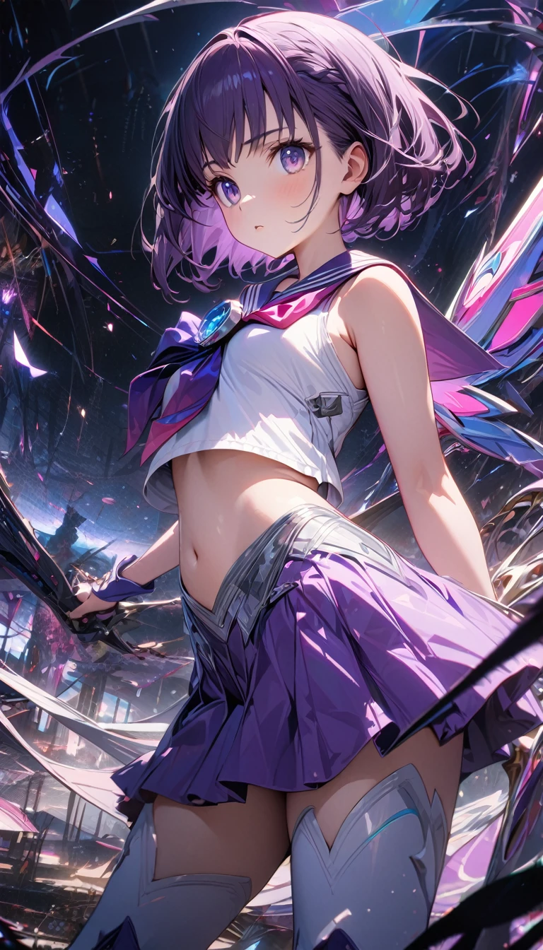 young girl, purple hair, bob hairstyle, purple eyes, bright eyes, sailor saturn, magical girl, white tight top, sleeveless, open belly, very long white glowes, purple skirt, very long white boots, Masterpiece, best quality, Full HD, 8k, ultra details, great graphic