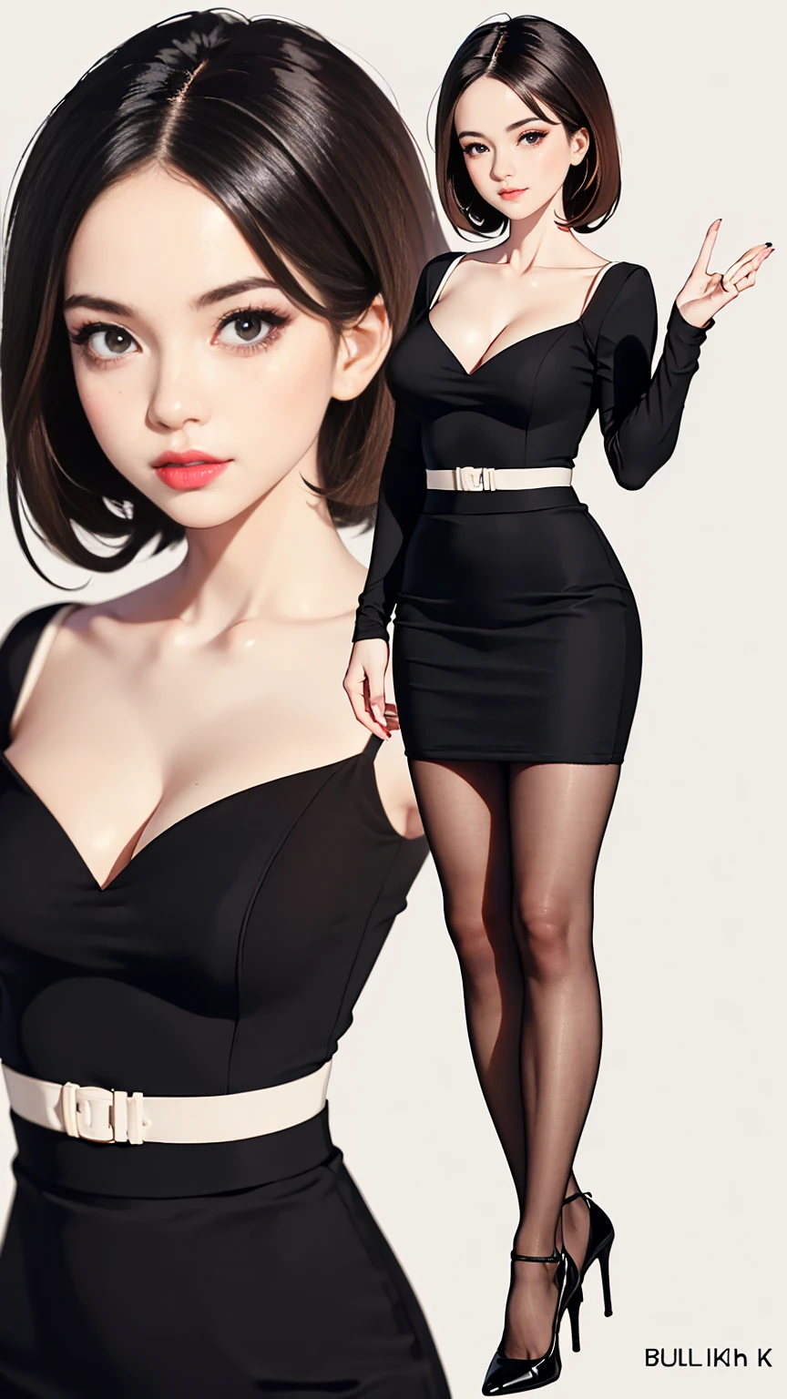 ((best quality,4k,highres,masterpiece:1.2)),((character concept art)), 1 female, 33-year-old university teacher, ((elegant, ethereal beauty, busty)), brunette hair, (fair skin colour), ultra finely detailed eyes (hazel eyes colour), hot, intelligent, educational enthusiast, slim body build, ((intricate detail)), super finely detailed hands, ultra finely detailed fingers(((ten fingers))), wearing outfit:((form-fitting blouse, very short pencil skirt, high heels, black stockings)), (standing professionally), (full body showcase), (show full body), (no logos on background), (no logo), ((plain background)), ((plain background)), (((empty background)))