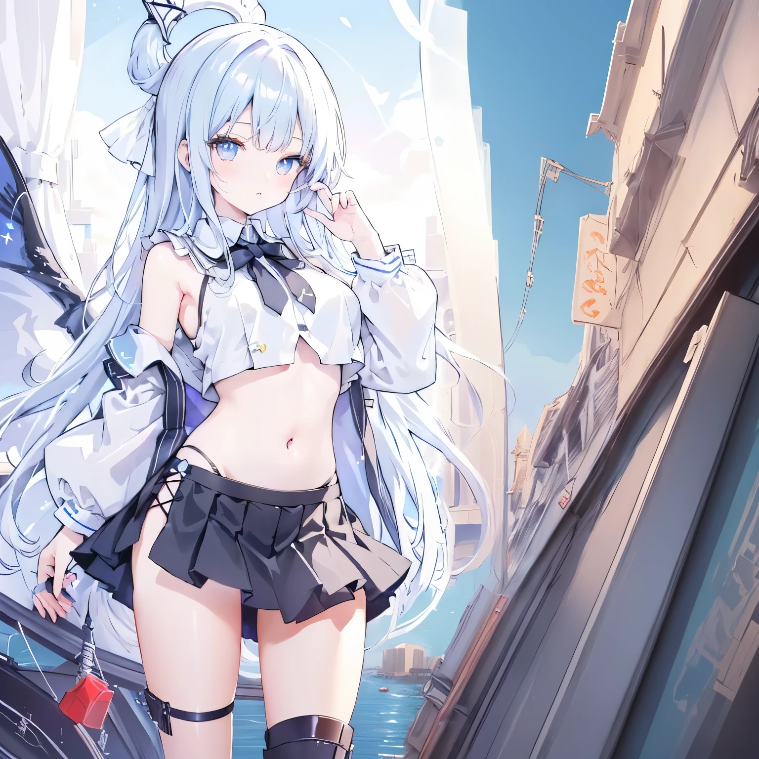 Anime girl with long white hair and blue eyes posing in front of the city, From the Azur Lane video game, Azur route style, Azur Lane Characters, From Ark of Tomorrow, Ink art animation , Top rated on Pixiv, From Girl Front, Cute girl anime visual, Fleet Collection Style, Attractive anime girl, Anime cute art style