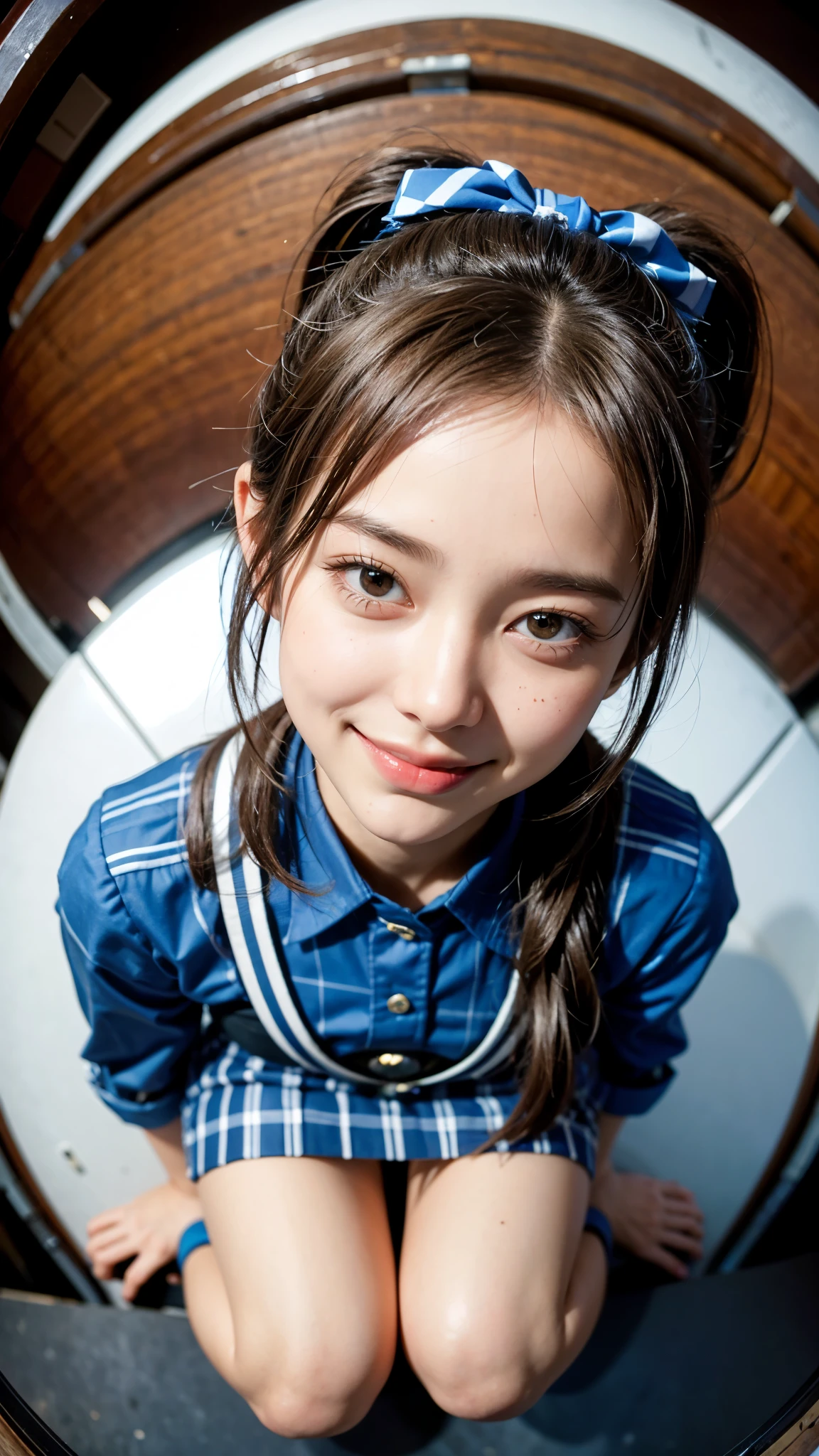 Highest quality, masterpiece, 4K Ultra High Resolution,Detailed face:1.6,(((Face Focus:1.6))) (Realistic:1.6), (Portrait of a man kneeling with legs apart) RAW Photos, 1 girl, 20-year-old,((Bra top and blue checked uniform miniskirt)),((Ponytail and hair tie)),,((Looking up at the audience)),Realistic,((background)), Image Media Chest)),((Smiling with teeth showing)),((Shooting from above with a fisheye lens:1.4))