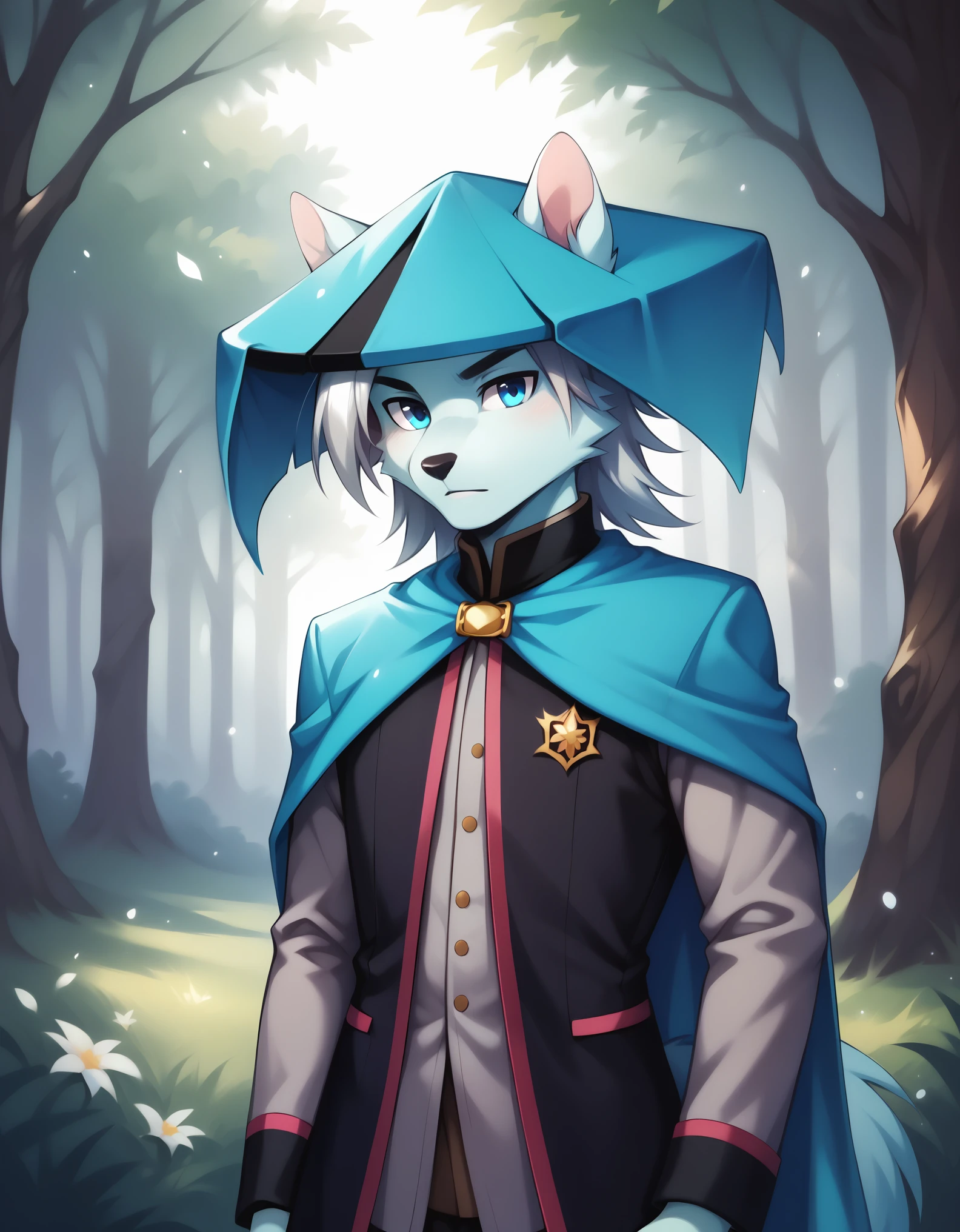 score_9, score_8_up, score_7_up, score_6_up, (du57aet, anthro, tail), ((male focus, 1boy, solo)), male, half-length portrait, blue eyes, hat, cape, vest,  forest background 