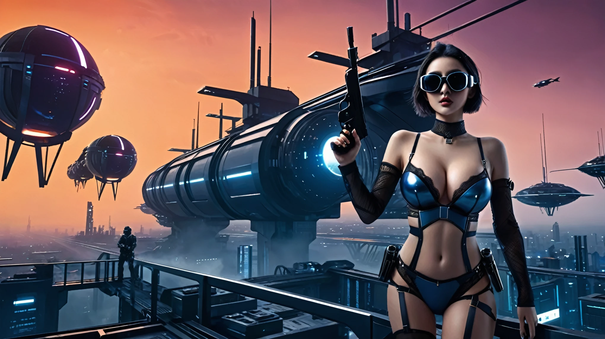 at night, ((a large-breast:1.2 lingerie slim:0.6 GIRL with black mini VR sunglasses)), ((holding a pistol)), aerial view of an ultra-futuristic megalopolis, tall metal buildings in dark colors from dark blue to black, shades of metal gray, smoky metal structures, industrial environment with fog around, dark cars on the streets, (flying vehicle), modern metal rails and trains passing through, ((futuristic space station)), realistic, detailed, sci-fi.
