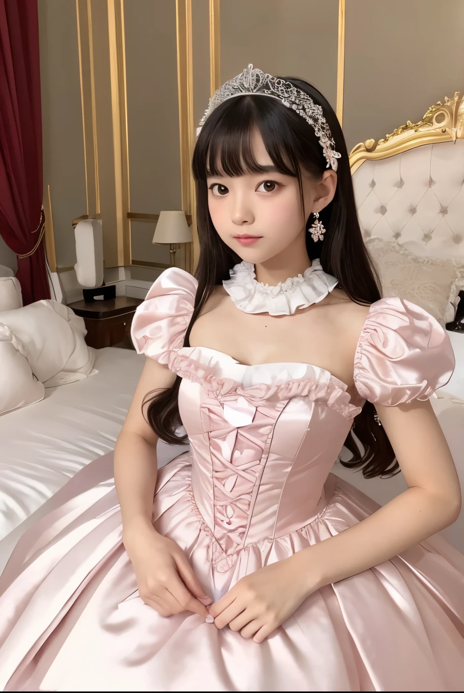 highest quality, masterpiece, highest resolution, artwork, super それにget used to it, many get used to it, get used to it, それにget used to it, 3k realistic pictures,,(( girl)),Ultra-detailed juvenile face,ultra-detailed beautiful little girls,girlsrincess,full length ball gown dress with hoop skirt,ruffled yoke collar,puff sleeves,midium sleeve,((Lolita style light pink detailed princess satin dress with lots of ruffles and ribbons)),Rococo style lolita fashion,shiny satin dress,Soft and smooth fabric,detailed princess dress,luxury,long black hair,dark eyes,white skin Japanese,Pajama,((in the bedroom of the palace)),luxury princess ,shiny satin sheets,ultra-detailed princess bed,High-quality background,lot of frilled pillows,on the bed,
