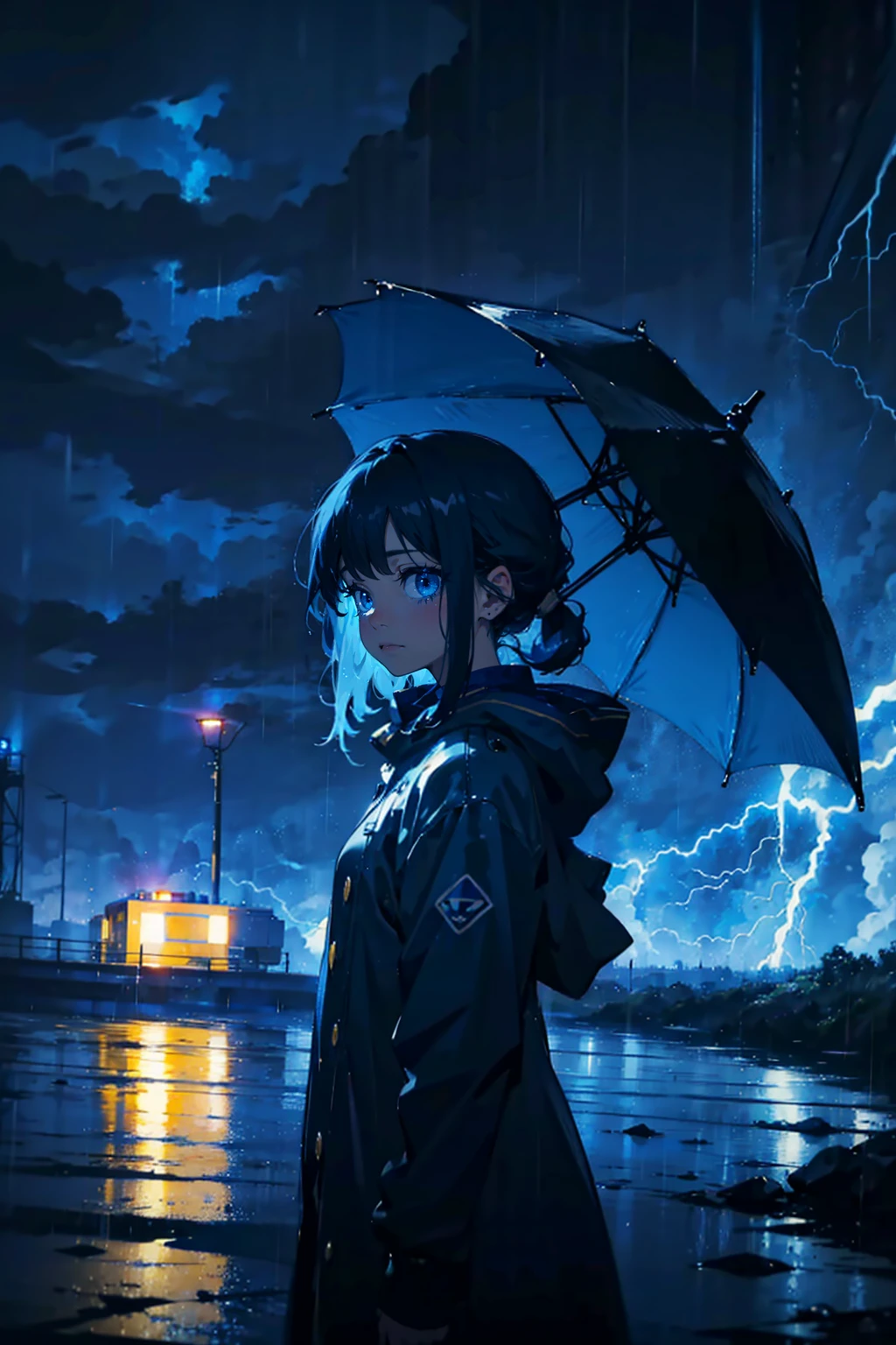 1girl,solo,cool,brilliant blue eyes,rainy,dark yellow,dark blue night,thunder