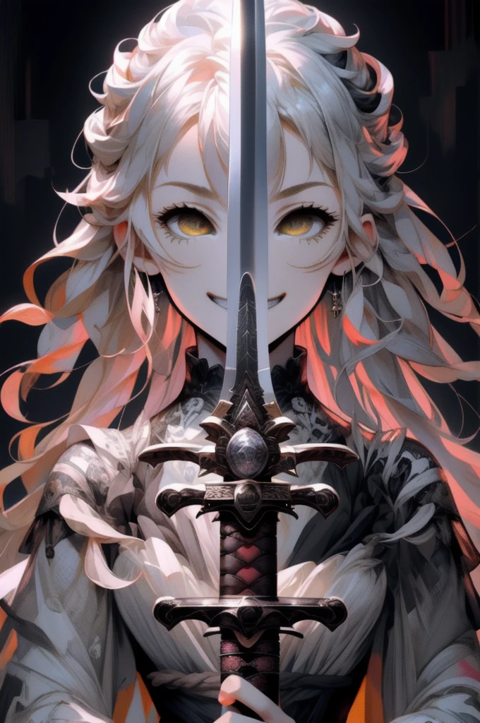 (masterpiece, Highest quality, Super detailed), One girl, alone, Raise your sword, View your viewers, close, Yellow Eyes, smile, Grin, Hypno Lola, Hollow Eyes, (Selected color sword, Black and White:1.2), Curse pattern background,