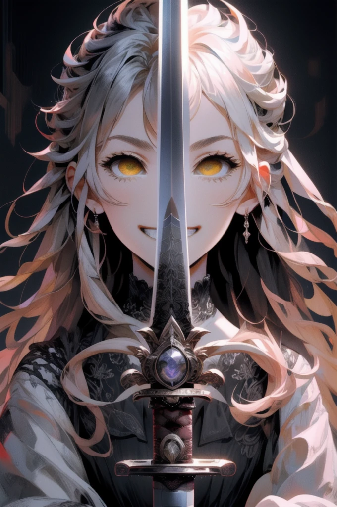 (masterpiece, Highest quality, Super detailed), One girl, alone, Raise your sword, View your viewers, close, Yellow Eyes, smile, Grin, Hypno Lola, Hollow Eyes, (Selected color sword, Black and White:1.2), Curse pattern background,