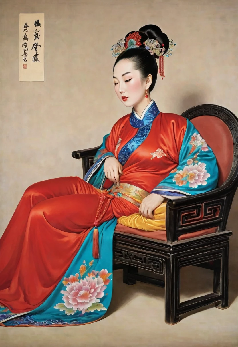 A side view of a Chinese empress, seen from close up on her buttocks. The background is a room in a Chinese palace during the Qing dynasty. She is sleeping in red Hanfu, with only her large buttocks sticking out. She is either wearing underwear or not, and her protruding buttocks are floating up.　　　　　　　　　　　　　　　　　　　　　　　　　　　　　　 Her hair is decorated with a large, flashy flower.　 The back of the hair is tied up and up.　Erotic Woman