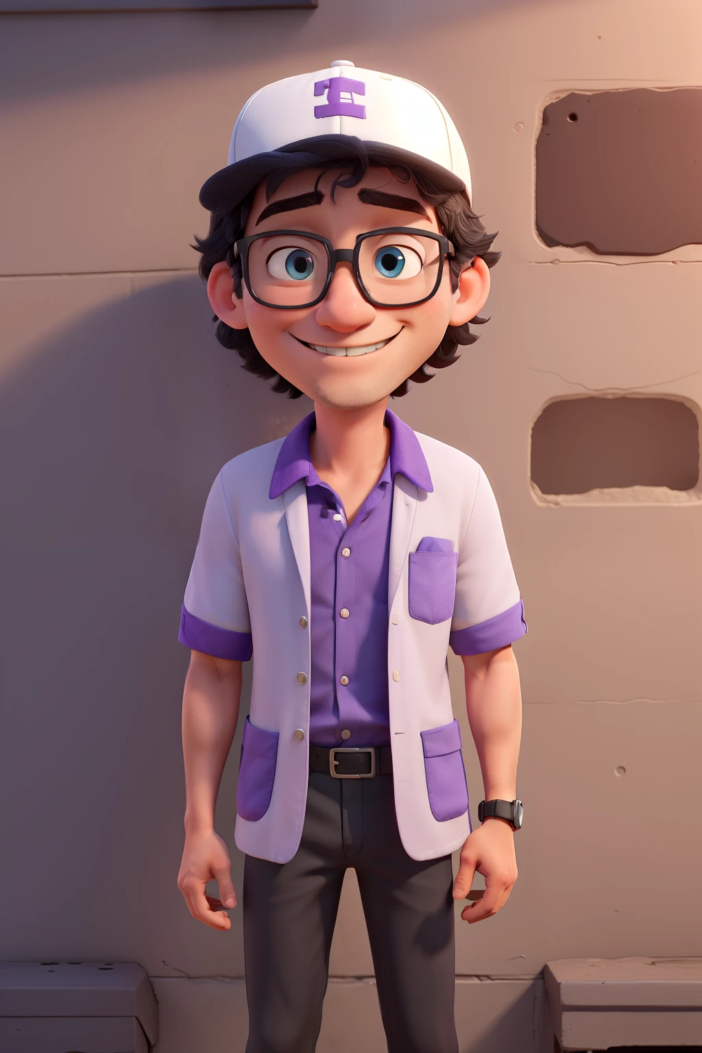 (best quality,high resolution,Extremely detailed) A 40-year-old man with black hair and oriental hair wearing white clothes, sunglasses, . He has short hair. Against the wall.Smiling in purple shirt.Light colored blazer with blue eyes. One hand holds his baseball cap. Sunset in the background.Front with one hand in pocket,small earrings