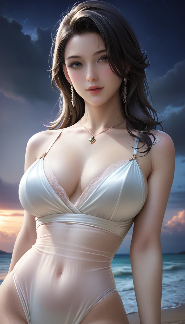 score_9, score_8_superior, score_7_superior, Masterpieces with up to 16K resolution,Highest quality,it is really amazing,Very detailed,Ultra-high resolution,(Ultra-realistic:1.1),(Realistic:1.1),Increased depth of field,Cinematic lighting,
Elegant Japanese MILF,
Long black hair,Ultra-detailed and beautiful face,Translucent white skin,Realistic skin texture,
(Elegant swimwear:1.1),
Bold design,Artistic design,Beautiful and detailed pattern,Detailed fabric texture,
Gorgeous necklace,Earrings,
(Deserted beach at night:1.4),(Dark night sky with dark clouds:1.4),
(Dramatic Angle:1.1),