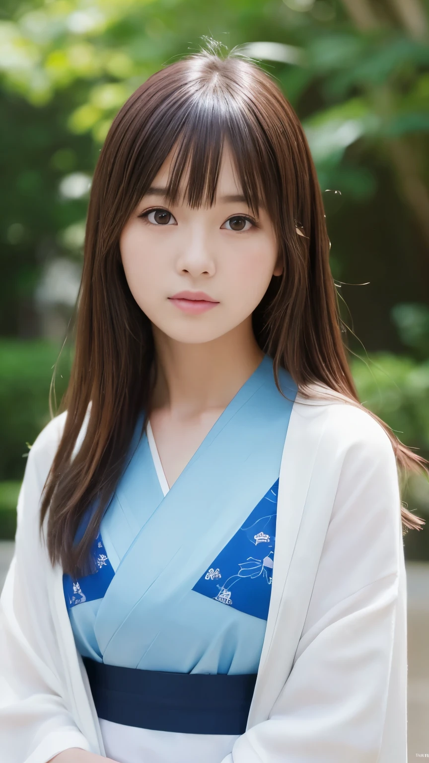 Tabletop、Highest quality、 Very detailedな、High resolution、8k wallpaper、Perfect dynamic composition,、summer、summerの空、新緑のsummerの公園、Beautiful attention to detail、Tabletop,Highest quality,Very detailed,In detail,High resolution,In 8K,((Realistic:1.4,RAW Photos,超High resolution,Best image quality:1.4))、high school student、18-year-old、thin、Small face、Cool gaze、Sharp Eyes、Cool Beauty、Brown Hair、Beautiful breasts、Straight bangs、Bob Hair、kimono、花柄のkimono、Light blue yukata、