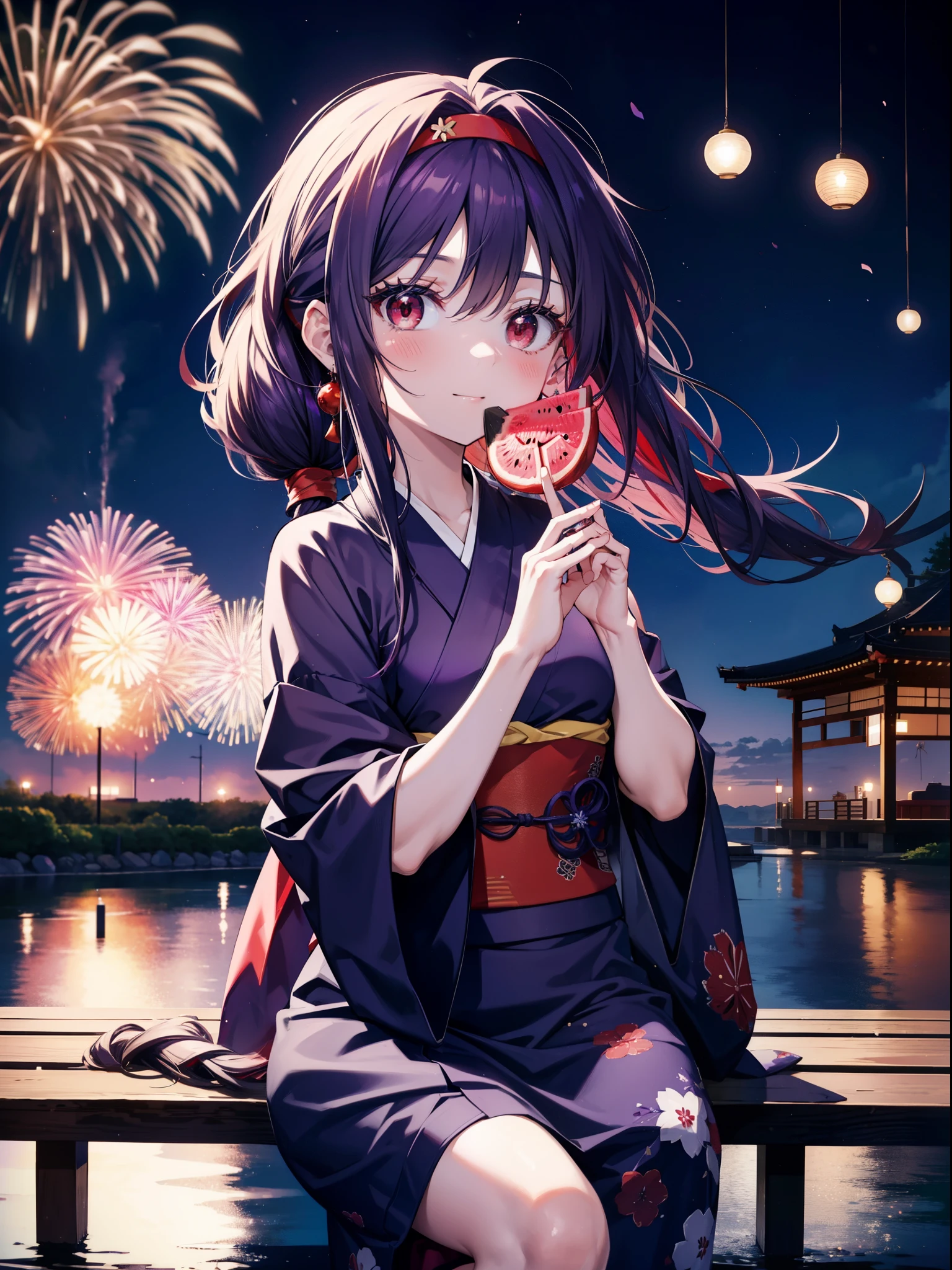 yuukikonno, Yuuki Konno, hair band, Long Hair, Pointed Ears, Purple Hair, Ahoge,(Red eyes:1.5), (Small breasts:1.2),low twin tail,smile,Open your mouth,Purple Kimono,Purple long skirt,Fireworks in the night sky,Fireworks,The place is a fireworks display,Time is night,sunny day,Sitting on a bench,He is eating a triangular piece of red watermelon, holding it in both hands.,Wind Chimes,whole bodyがイラストに入るよう,
break looking at viewer, , whole body, (Cowboy Shot:1. 5)
break indoors, Veranda,Japanese garden,
break (masterpiece:1.2), Highest quality, High resolution, unity 8k wallpaper, (figure:0.8), (Beautiful attention to detail:1.6), Highly detailed face, Perfect lighting, Highly detailed CG, (Perfect hands, Perfect Anatomy),