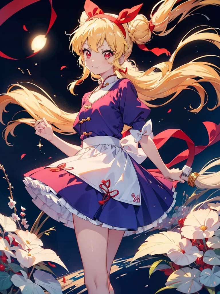 (RED Ribbon on HAIRband:1.2),an anime character wearing white shorts and white hair standing next to a painting, 1girl, double bun, solo, hair bun, chinese clothes, long hair, smile, Blonde hair, RED eyes, shampoo (ranma 1/2)Style, looking at viewer, dress,Shampoo Ranma,Ichigo Hoshimiya (Aikatsu!),china dress
