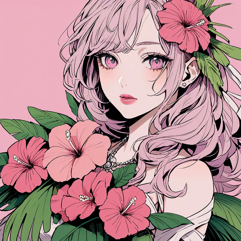 Summer tropical flowers pink sky beach woman