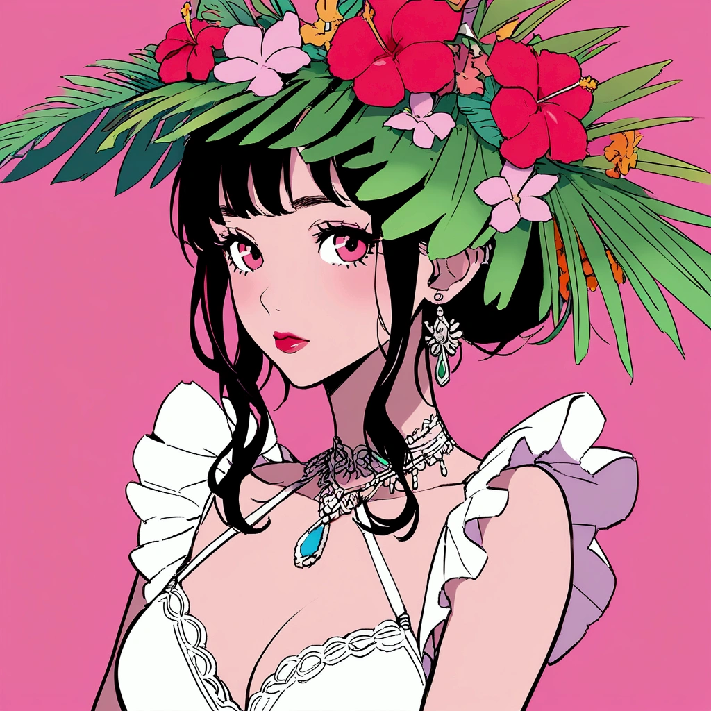 Summer tropical flowers pink sky beach woman