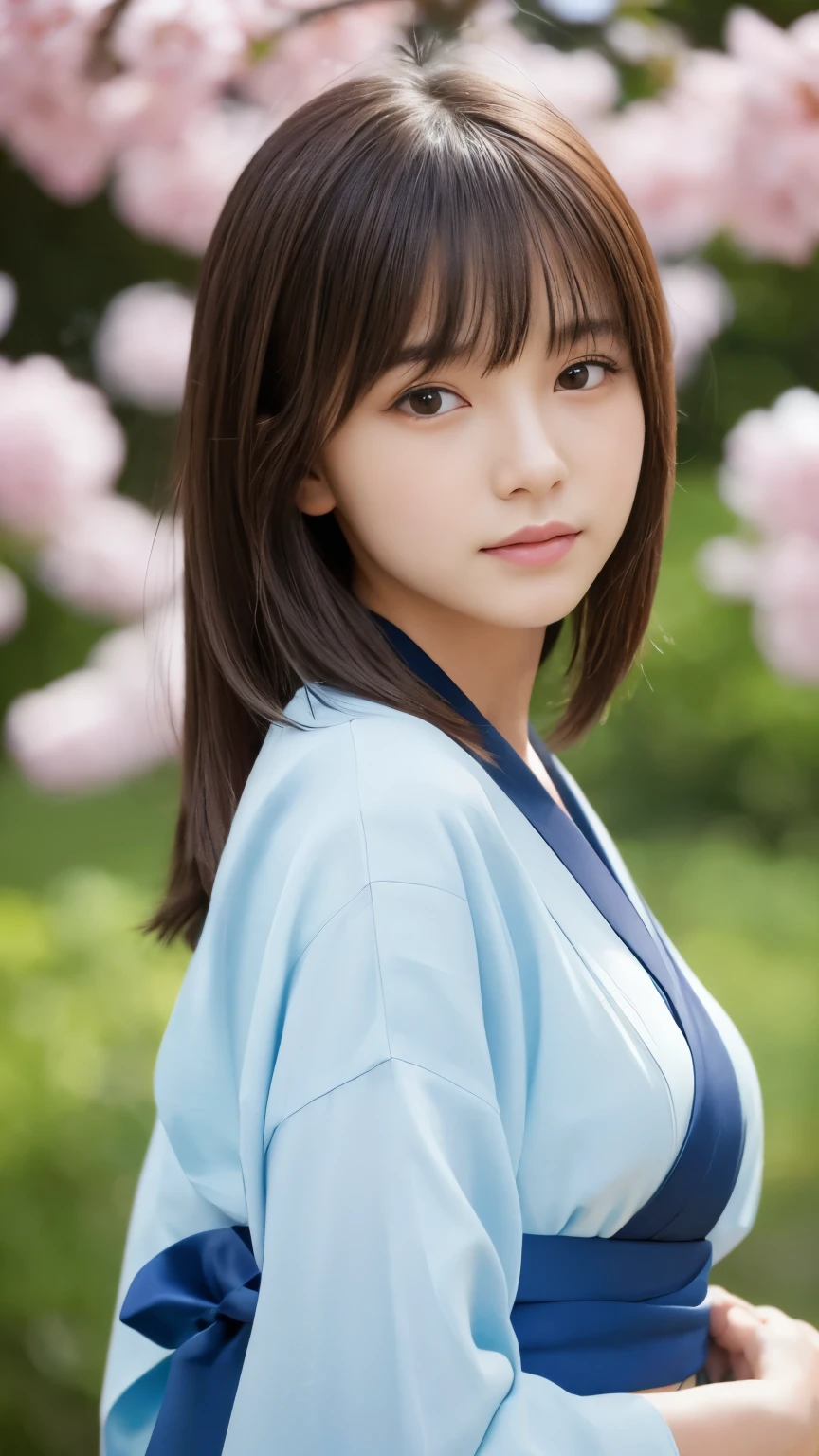 Tabletop、Highest quality、 Very detailedな、High resolution、8k wallpaper、Perfect dynamic composition,、summer、summerの空、新緑のsummerの公園、Beautiful attention to detail、Tabletop,Highest quality,Very detailed,In detail,High resolution,In 8K,((Realistic:1.4,RAW Photos,超High resolution,Best image quality:1.4))、high school student、18-year-old、thin、Small face、Cool gaze、Sharp Eyes、Cool beautiful girl、Cool Beauty、Brown Hair、Beautiful breasts、Straight bangs、Hide your eyes with bangs、Bob Hair、kimono、花柄のkimono、Light blue yukata、