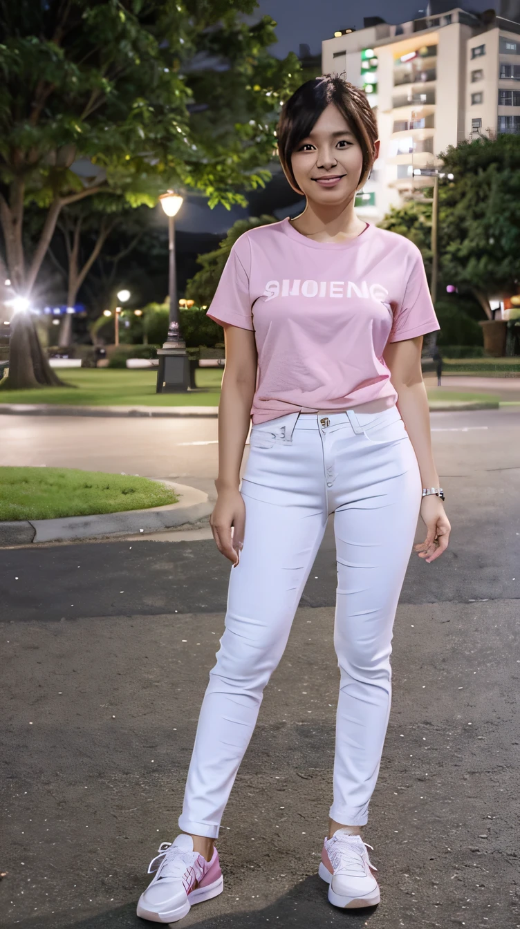 Filipina woman wearing a pink t-shirt, white jeans and sneakers。Full body photo、Are standing、Short Haircut、smile、The background is night and a park。.