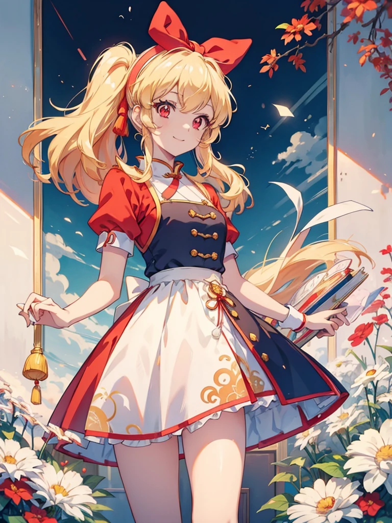 (RED Ribbon on HAIRband:1.2),an anime character wearing white shorts and white hair standing next to a painting, 1girl, double bun, solo, hair bun, chinese clothes, long hair, smile, Blonde hair, RED eyes, shampoo (ranma 1/2)Style, looking at viewer, dress,Shampoo Ranma,Ichigo Hoshimiya (Aikatsu!),china dress