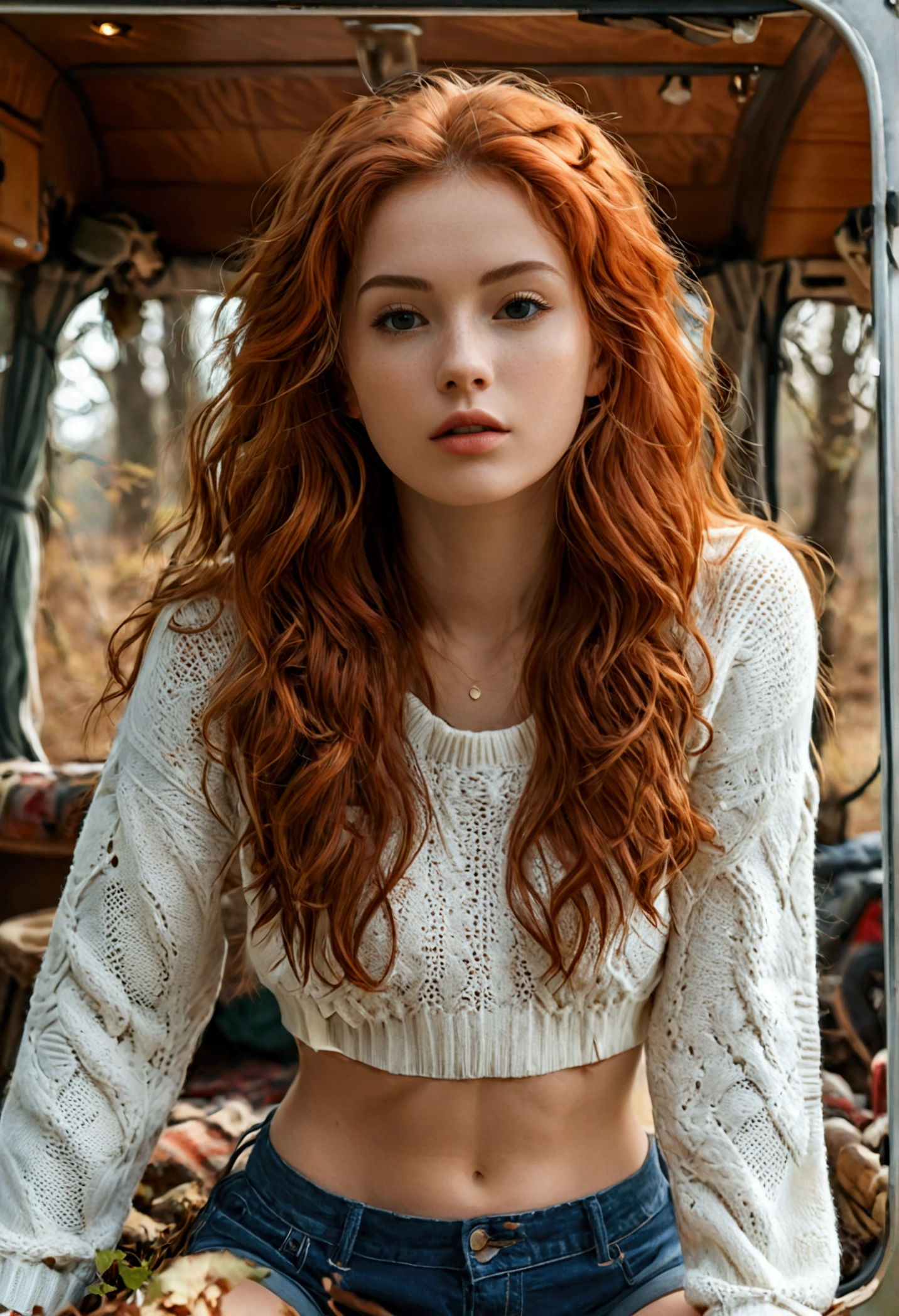 (full body shot:1.7) photorealistic image of a (leaning pose:1.1) woman, ultra realistic, photography, long red hair, girl, 24 years old, hourglass figure, perfect body, Flirty look, natural medium breasts, blur background, posing with a belly-free sweater, leaning on a caravan parked in the woods, she wears white sneakers, long legs,
