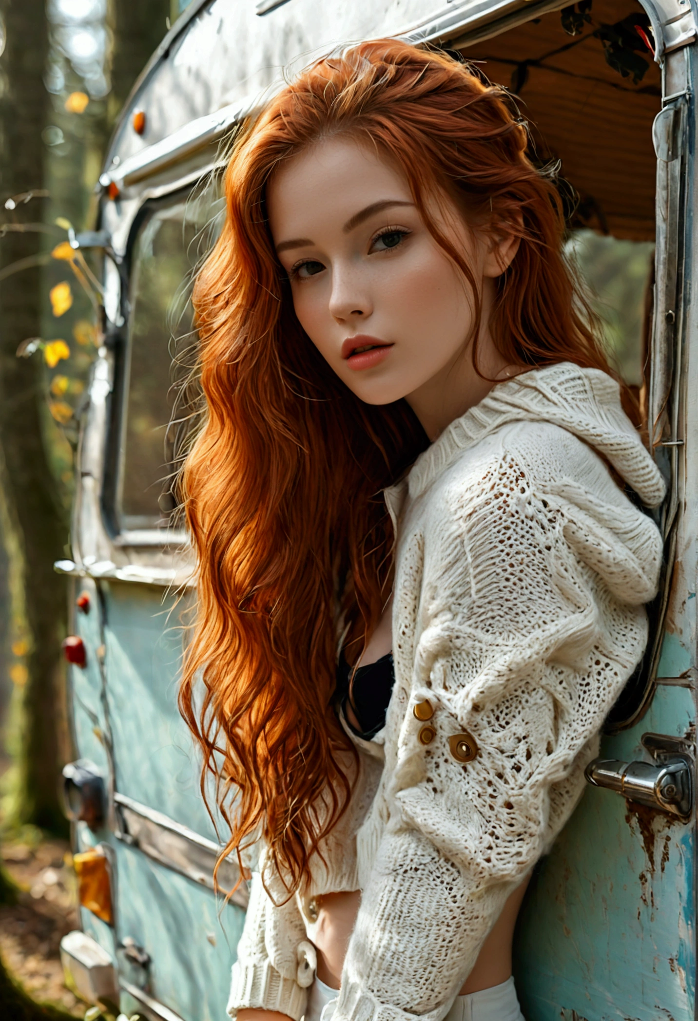 (full body shot:1.7) photorealistic image of a (leaning pose:1.1) woman, ultra realistic, photography, long red hair, girl, 24 years old, hourglass figure, perfect body, Flirty look, natural medium breasts, blur background, posing with a belly-free sweater, leaning on a caravan parked in the woods, she wears white sneakers, long legs,