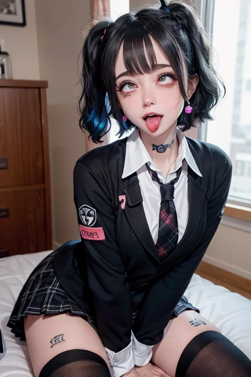 high quality, detailed,High school girl wearing blazer uniform,plaid skirt,wearing black overknee socks,a mole under the eye,(bob hair,bob hair),(tounge out,tounge out tounge out),(blushing:1.4),the whole body,the whole body,she has a lot of earrings,tattoo,tattoo,detailed background,in the health room,ecstasy,orgasm,tattoo,on the bed
