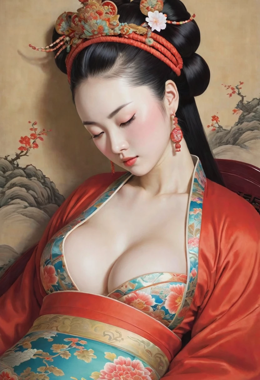 A side view of a Chinese empress, seen from close up on her buttocks. The background is a room in a Chinese palace during the Qing dynasty. She is sleeping in red Hanfu, with only her large buttocks sticking out. She is either wearing underwear or not, and her protruding buttocks are floating up.　　　　　　　　　　　　　　　　　　　　　　　　　　　　　　 Her hair is decorated with a large, flashy flower.　 The back of the hair is tied up and up.　Erotic Woman