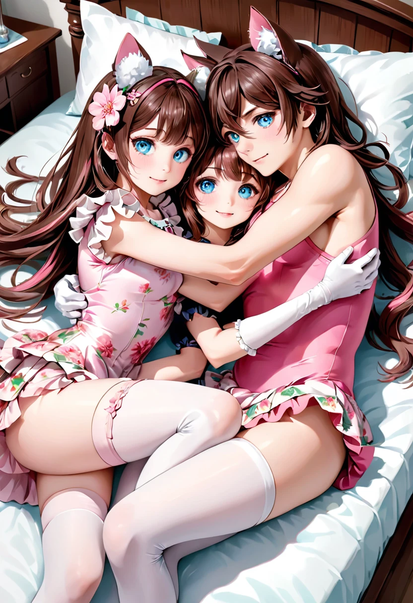 (1 man, 1 catgirl) (hetero, couple) (crossdressing, fully clothed) (brown hair, blue eyes) (portrait) (women's clothes only) (women's beautifully feminine skintight lycra floral print frilly girly pink adorable ballet leotards:1.4) (white pantyhose, no shoes) (tiaras, pink shoulder-length silk gloves:1.3) (woman's bedroom, four-poster bed) (lying down, hugging, bending knee) (intimacy, playfulness, closeness)