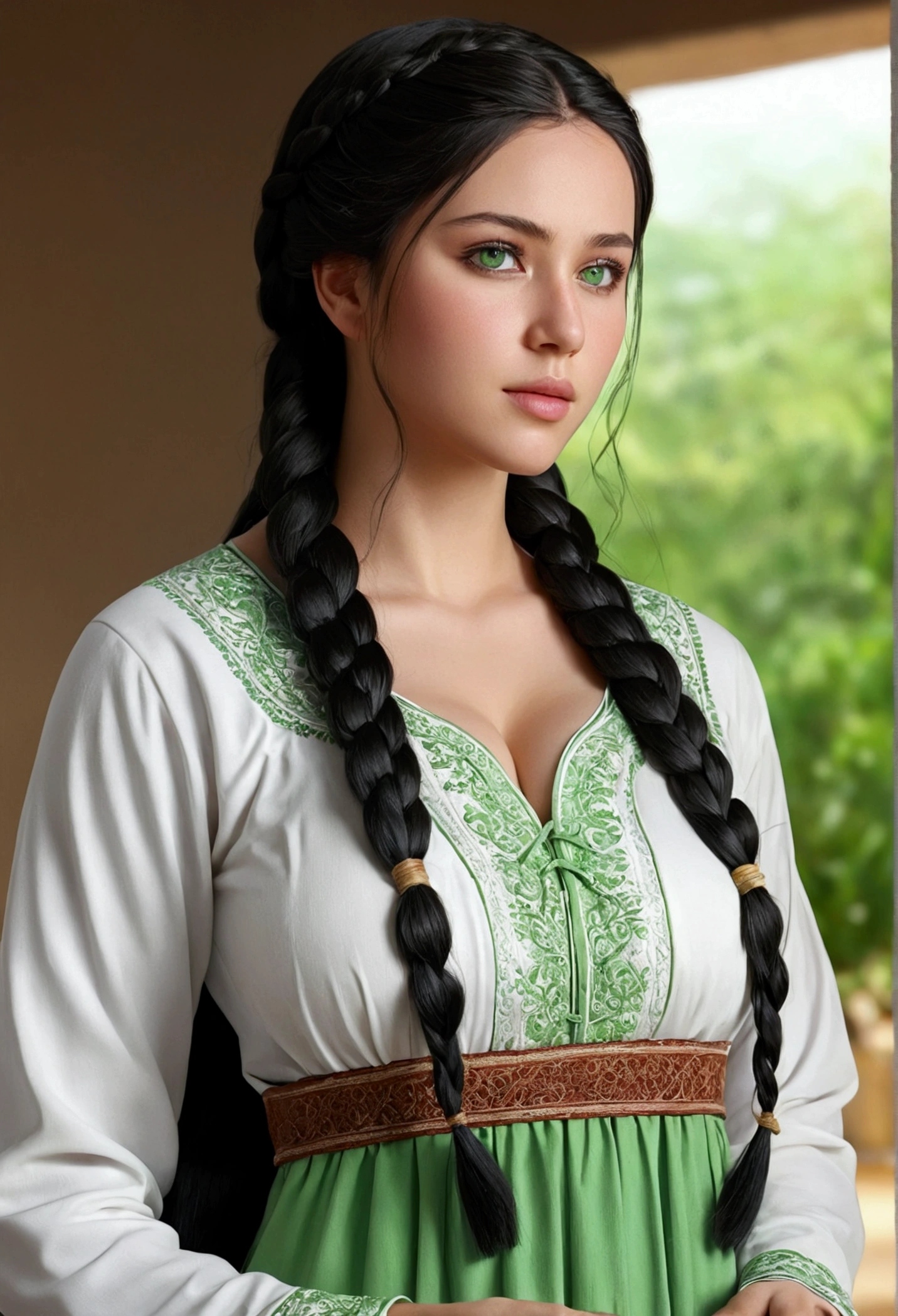 1girl, huge breast, black hair, green eyes,high quality, ultra detailed, masterpiece, realistic, gamis clothes,braid,standing, thick body, slightly fat body
