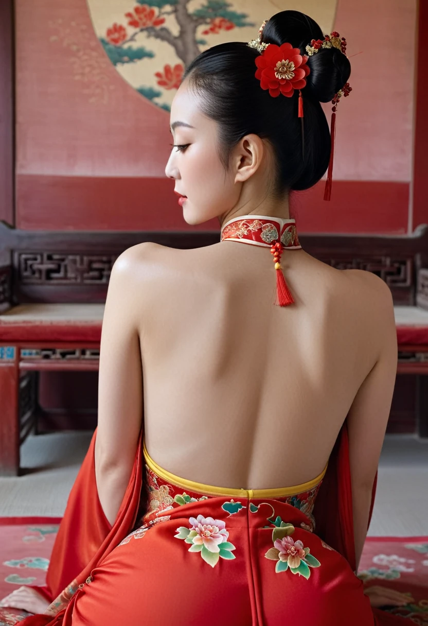 A side view of a Chinese empress, seen from close up on her buttocks. The background is a room in a Chinese palace during the Qing dynasty. She is sleeping in red Hanfu, with only her large buttocks sticking out. She is either wearing underwear or not, and her protruding buttocks are floating up.　　　　　　　　　　　　　　　　　　　　　　　　　　　　　　 Her hair is decorated with a large, flashy flower.　 The back of the hair is tied up and up.　Erotic Woman