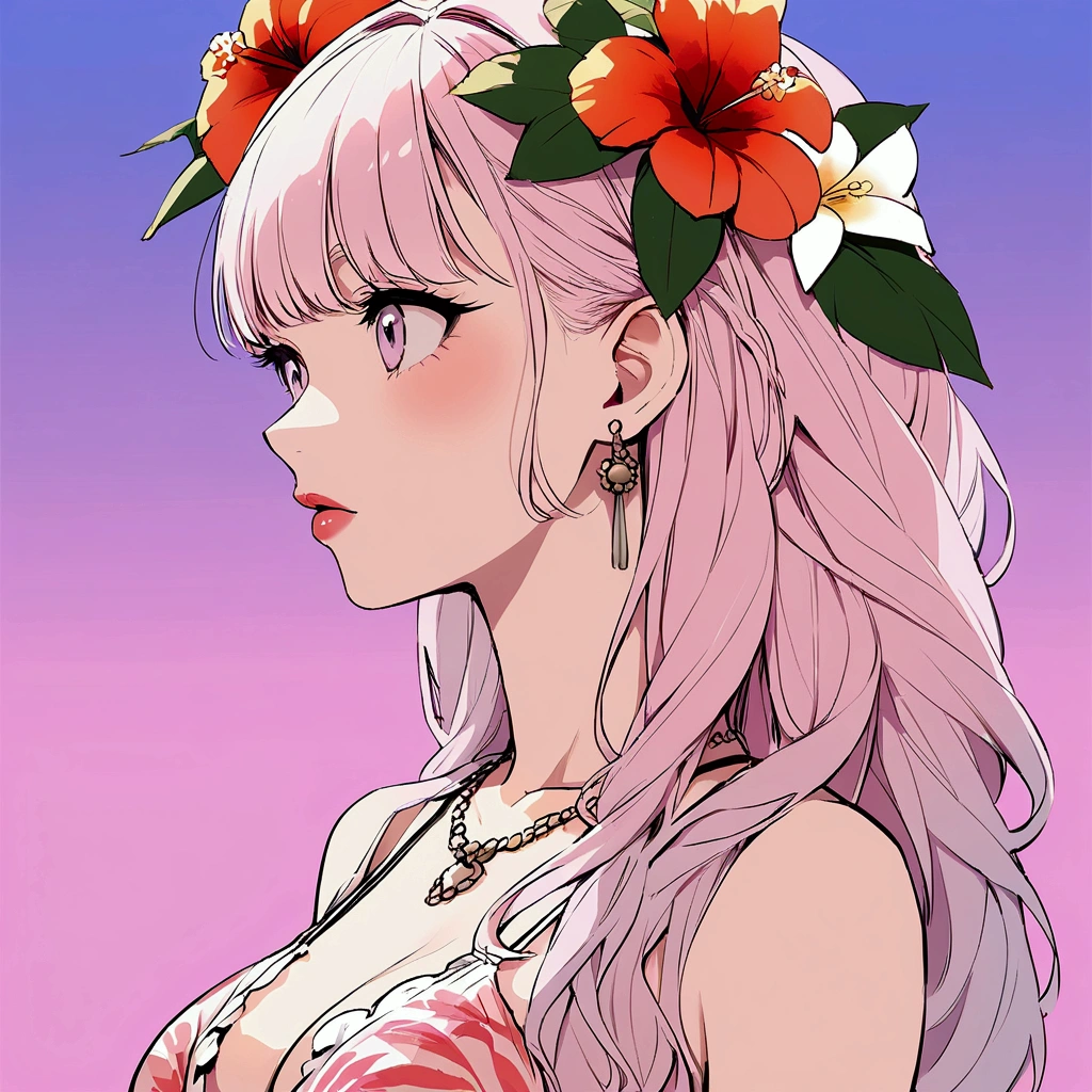 Summer Tropical flowers Pink sky Beach Woman Pop
