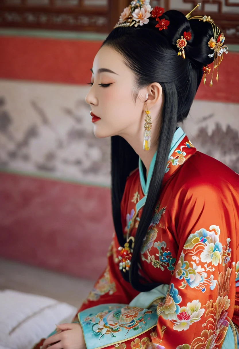 A side view of a Chinese empress, seen from close up on her buttocks. The background is a room in a Chinese palace during the Qing dynasty. She is sleeping in red Hanfu, with only her large buttocks sticking out. She is either wearing underwear or not, and her protruding buttocks are floating up.　　　　　　　　　　　　　　　　　　　　　　　　　　　　　　 Her hair is decorated with a large, flashy flower.　 The back of the hair is tied up and up.　Erotic Woman
